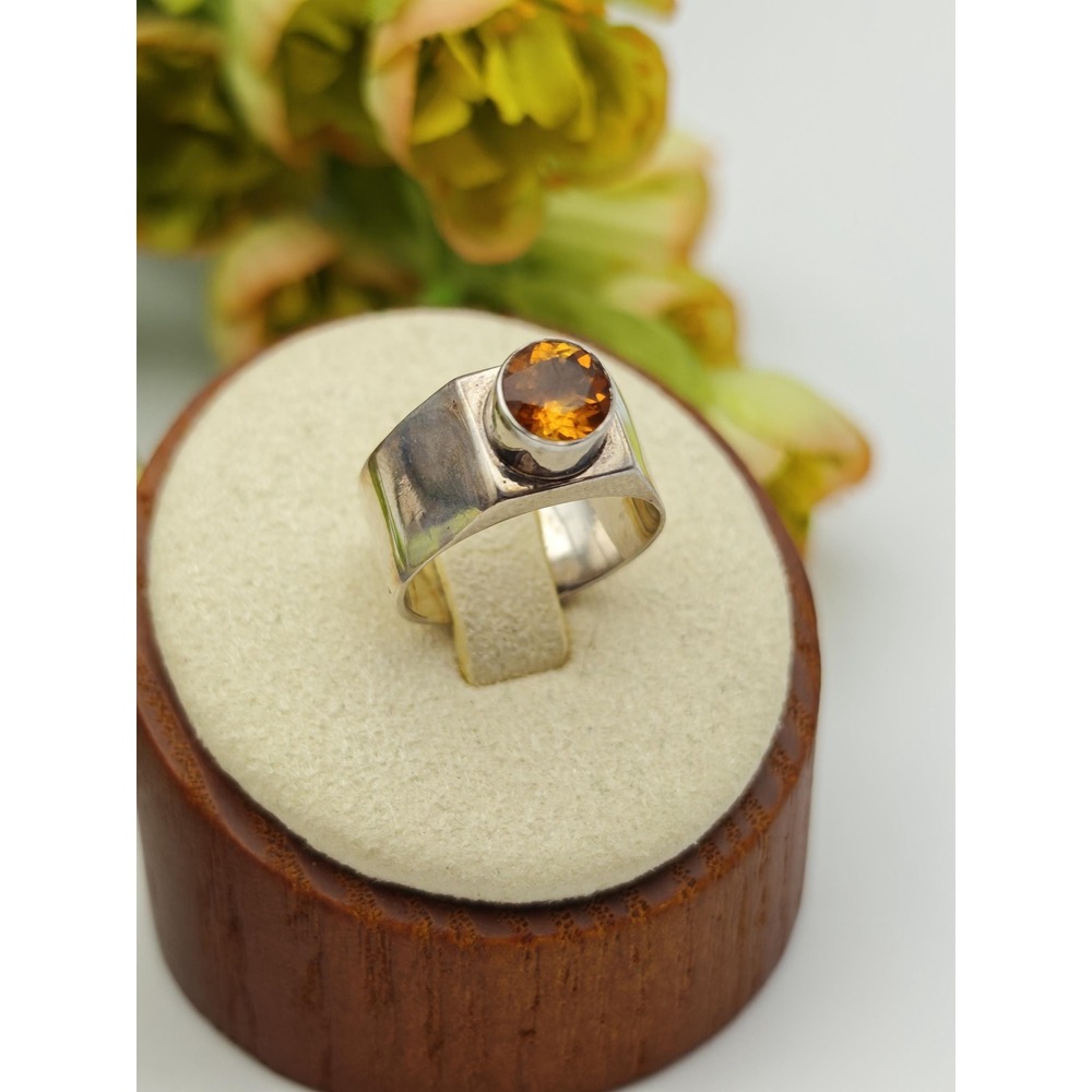 Artisan Citrine Sterling Silver Signet Ring Unisex Size 4.25 Orange Geometric